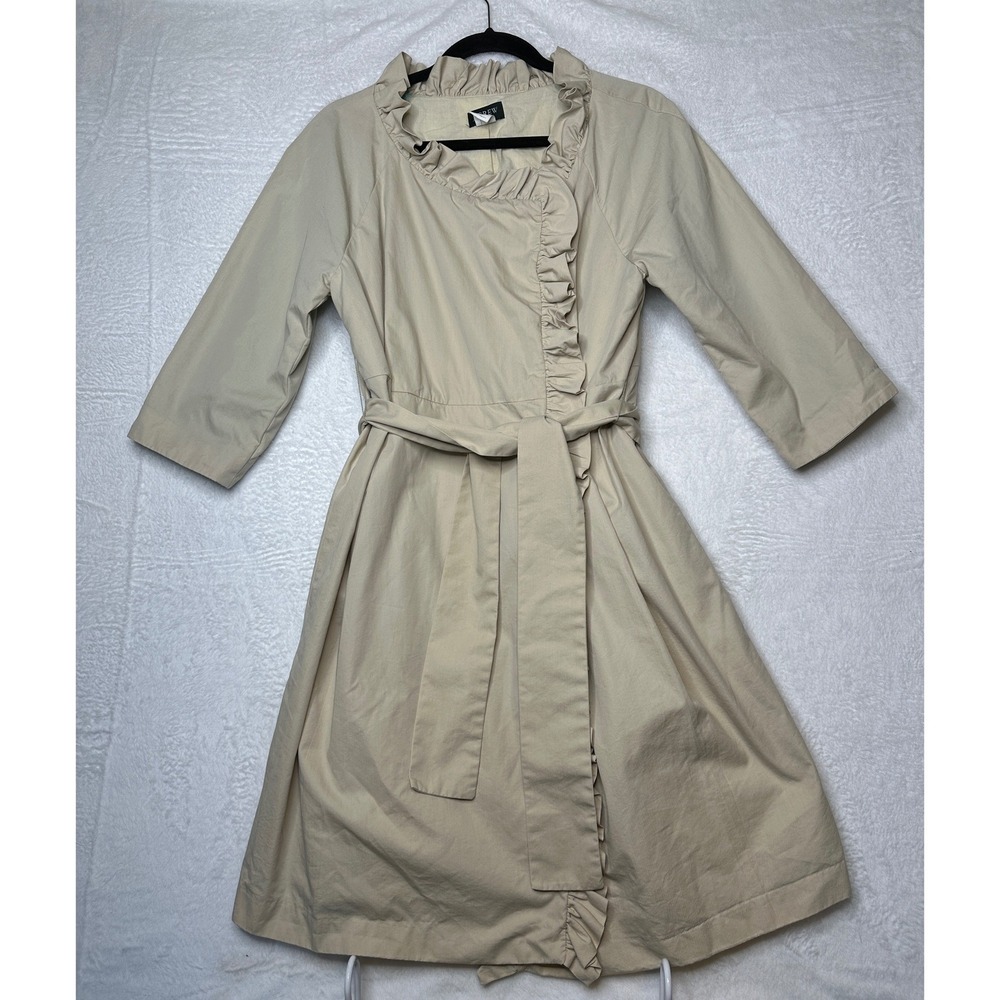 J.Crew Ruffle Wrap Dress Women 12 Beige Cotton Blend 3/4 Sleeve Belted